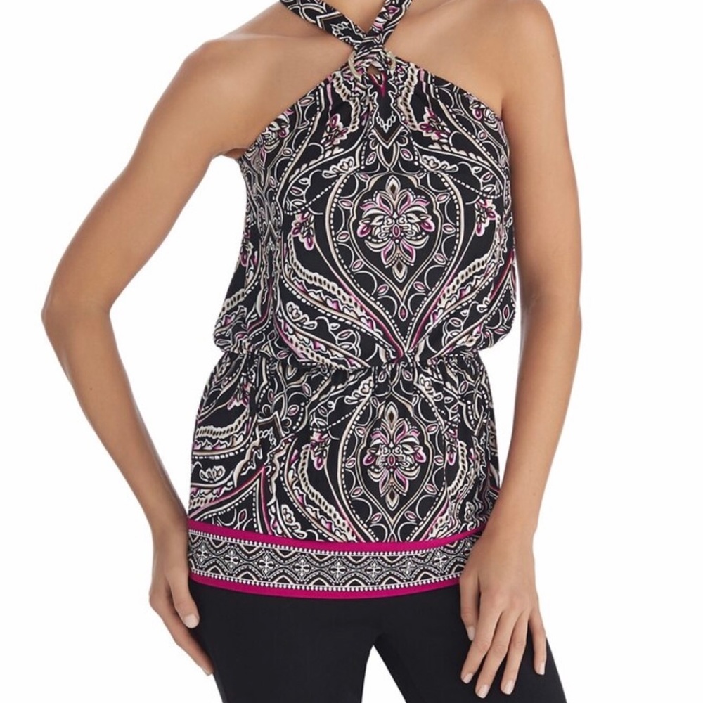 WHBM PRINTED HALTER BLOUSON TUNIC TOP